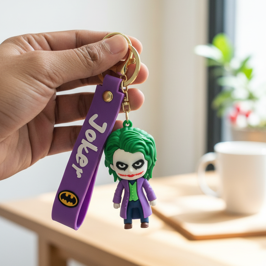 Joker Keychain | Premium 3D Superhero Keyring with Silicone Strap | Cute Cartoon Figure for Bike, Car & Bags | Batman Joker Keychain