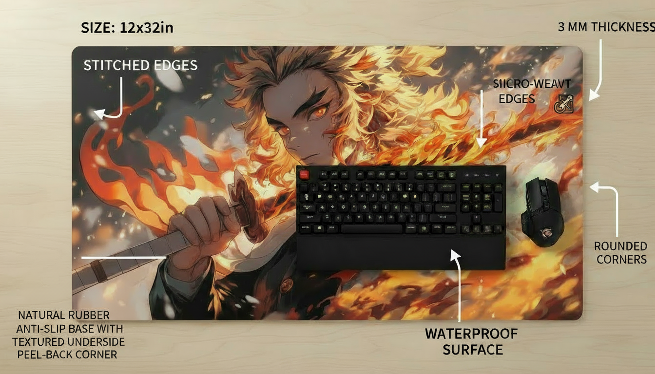 Rengoku Flame Anime Desk Mat – 13×31.5 Inches